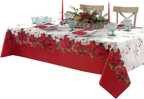 Newbridge Christmas Blooming Poinsettia’s Double Bordered 70 Inch Long Table Runner, Holiday Red and White Poinsettia