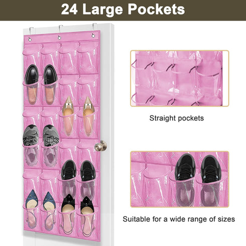 Over The Door Shoe Organizer: Space Saving Rack with 24 Pockets, Hook, and Hanging Shoe Holder (Pink)