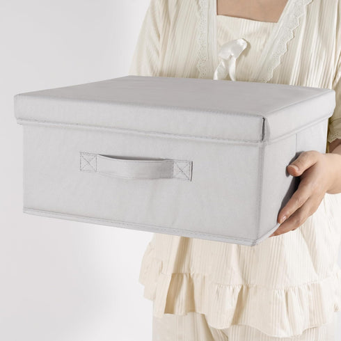 Set of 3 Light Grey Collapsible Storage Bins with Lid, Stylish Closet Organizers for DVD Storage (14.2" L x 12.6" W x