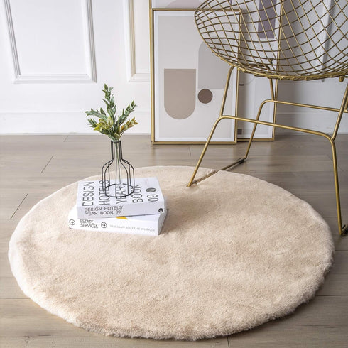 Ashler Ultra Soft Faux Rabbit Fur Rug, 3 x 3 Feet Round, Beige, Machine Washable Nursery Decor