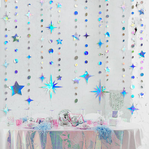 Iridescent Party Decorations, Star Circle Dot Paper Garland Banner for Kids Birthday, Baby Shower, Wedding, Festival