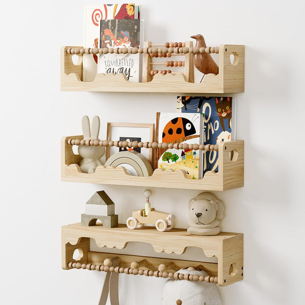 Nursery Shelves for Wall,3 Pack Pine Wood Nursery Floating Book Shelves,Scalloped Floating