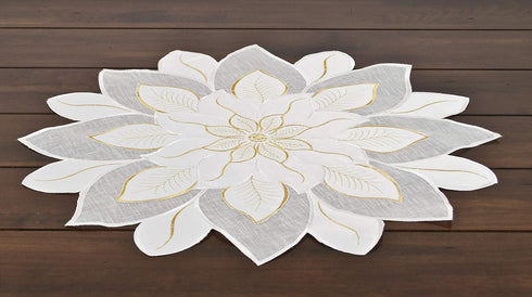 Embroidered Holiday Christmas White and Gold Star Poinsettia Doily Place Mat Small Table Topper (23 Inch Round)