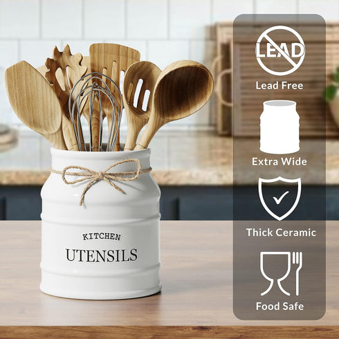 Barnyard Designs Ceramic Farmhouse Utensil Holder for Kitchen Counter, Large Rustic Utensil Crock, 6.75” (White)