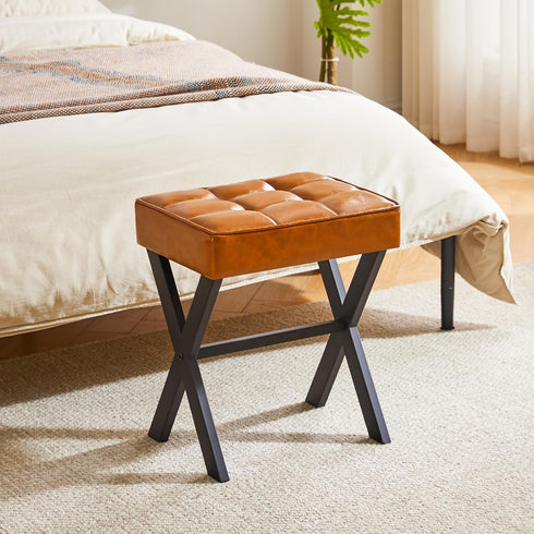 LG-71J IBUYKE Square Makeup Stool with X-Leg Foot Rest, PU Footrest, Ottoman Seat, Multi-Use as Small Side Table