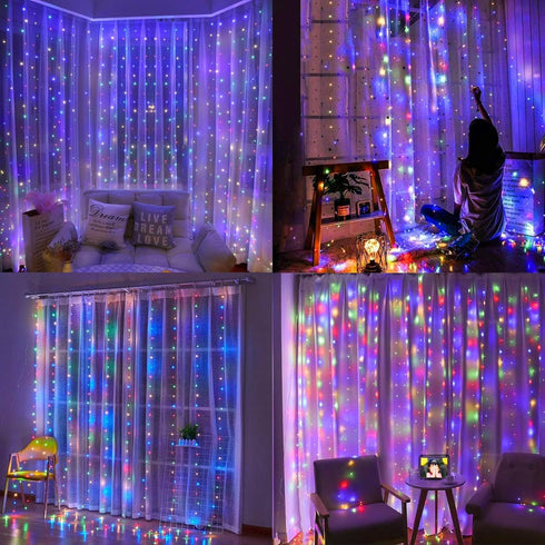 300 8 Dazzle Bright LED Curtain String Lights, Christmas Fairy Lights for Bedroom with Lighting Modes, Connectable