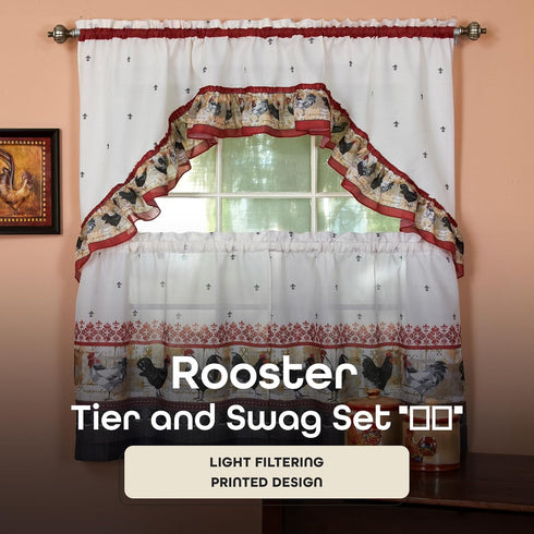Printed Tier and Swag Window Curtain Set, 57 Inch Width, 36 Inch Length, Rooster, Machine Washable