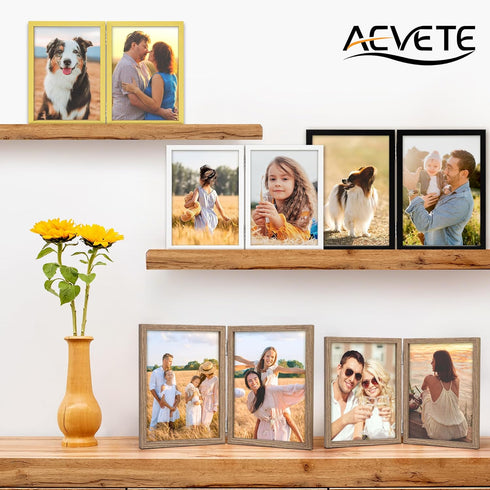 AEVETE 5x7 Double Hinged Wood Folding Picture Frames, Vertical with Plexiglass Front, Black