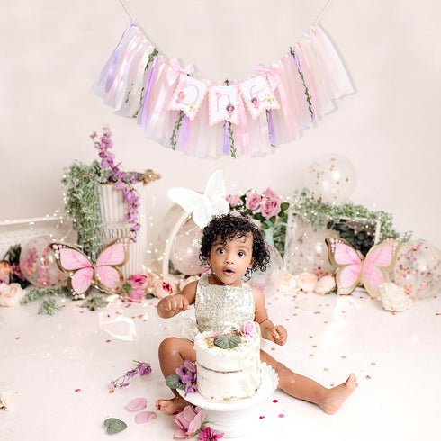 1st Fairy One High Chair Banner - Little Fairy Birthday Party Decoration,Sweet Floral Highchair Banner