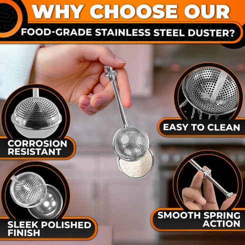 304 Flour Shaker Duster Stainless Steel Flour Duster for Bread Baking with Spring Handle Cocoa, Cinnamon, Spices