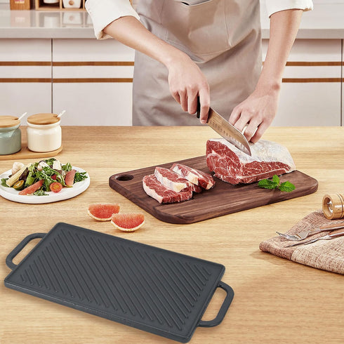 GasSaf Cast Iron Double Sided Griddle, Reversible Grill Pan for Indoor Cooking, 13 x 8.25 Stovetop Griddle