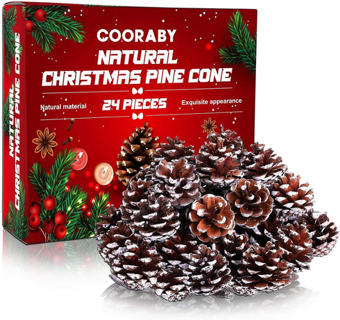 Cooraby 24 Pieces Christmas Pine Cones Ornament, Natural with String for Tree Decoration (Snow)