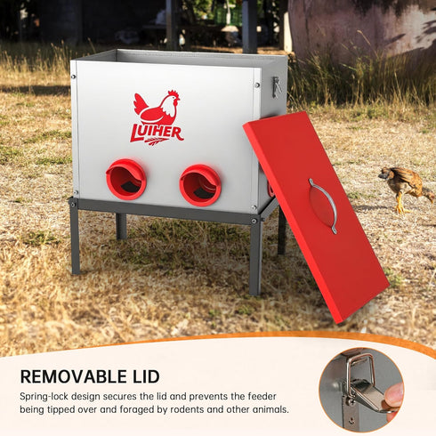 LUIHER 25LB 6 chicken food dispenser no waste chincken feeder Ports Large Capacity Galvanized Metal Poultry Feeder