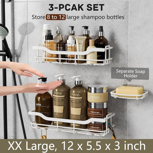 OMAIRA Shower Caddy 3-Pack, Rustproof Adhesive Organizer with Soap Holder, No Drilling Shower Shelves, White