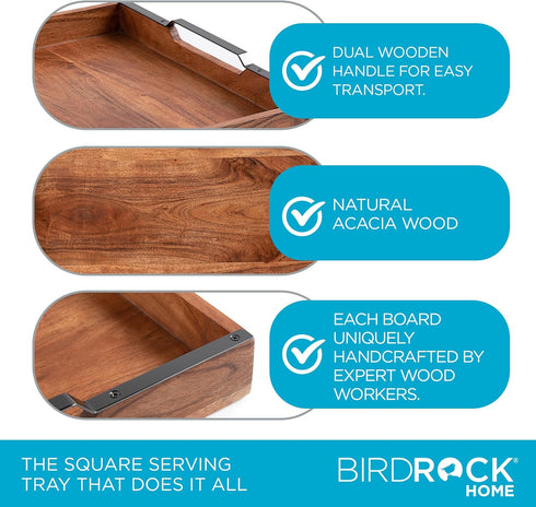 BIRDROCK HOME Wooden Serving Tray with Handles - Farmhouse Decor - Square Top Breakfast Trays - Tea Cheese Board