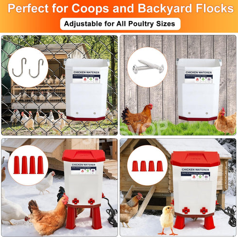 7L 4 Summer Heated Chicken Waterer, Chicken Water Heater Bucket for Winter with Nipple Drinkers, Anti-Freezing, Winter