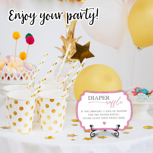 Pink Diaper Party Game Set, 50 Pcs Diaper Raffle Tickets, 1 Wooden Sign & 1 Iron Stand, Baby Shower Kit