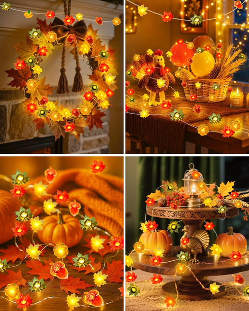 16.4FT 50 3D btfarm Fall Decor LED Pumpkin Maple Leaf Acorn Fairy String Lights Battery Operated with Remote Timer