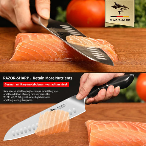 MAD SHARK Premium Santoku Knife - 8 Inch Professional Kitchen Knife, German Stainless Steel, Black