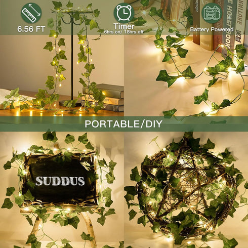 20 6.56FT suddus Fake Vines with Lights Battery Operated, LED Ivy Garland Fairy Lights with Timer, Leaf String Lights