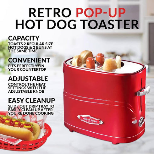 Nostalgia Adjustable Retro Pop Up Hot Dog Toaster - Fits 2 Regular or Extra Plump Hot Dogs and 2 Buns, Red