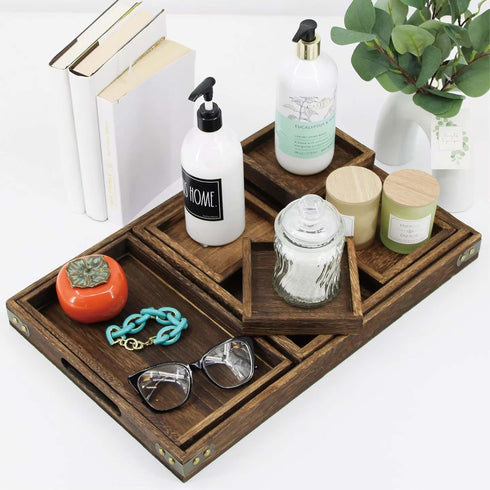 5-Piece Set, Rustic Wooden Serving Tray Handcrafted Nesting Trays with Handles for Ottoman & Coffee Table Decor