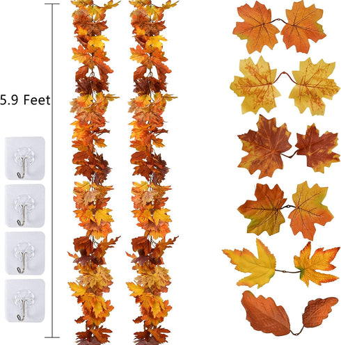 DearHouse 2 Pack Fall Maple Leaf Garland - 5.9Ft/Piece Hanging Vine Artificial Autumn Foliage for Thanksgiving, Home