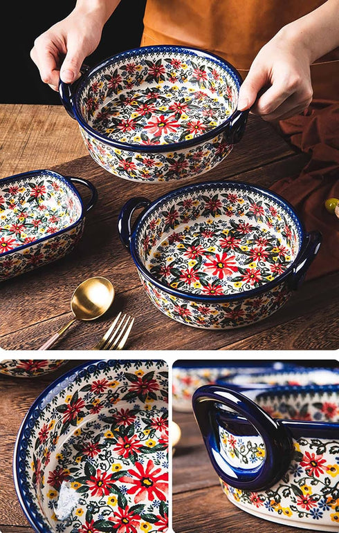 Vintage Style Red Daisy Flower Ceramic Bakeware Casserole Dish, 32 OZ, 1 PCS, Baking Pan with Handles for Oven
