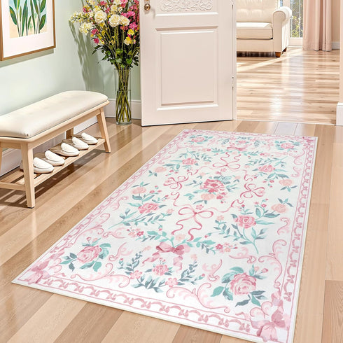 3x5 3' 5') Collive Nursery Rug, Boho Pink Floral Area Rugs Machine Washable, Soft Ultra-Thin Bow Carpet Non Slip