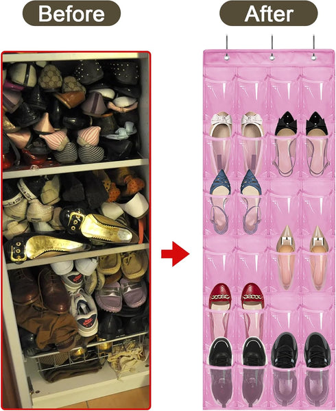 Over The Door Shoe Organizer: Space Saving Rack with 24 Pockets, Hook, and Hanging Shoe Holder (Pink)