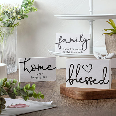 Jetec 3 Pcs Blessed Family Home Rustic Wood Sign, Mini Decorative Farmhouse Table Decor, White