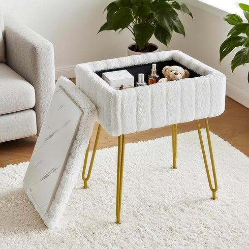 FUXA 4 Vanity Stool Chair with Storage, White Faux Fur Makeup Chair with Metal Legs and Anti-Slip Feet, Soft Padded