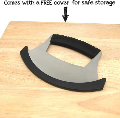 KAYCROWN Mezzaluna Knife: Pizza Cutter Salad Chopper - Stainless Steel Sharp Rocker Ulu Knife with Cover