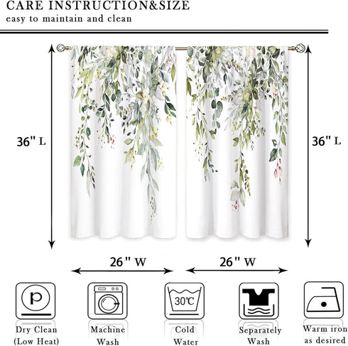Sage Green Eucalyptus Botanical Leaves Floral Kitchen Window Curtains, 26x36 inch, Short Cafe Drapes for Bathroom