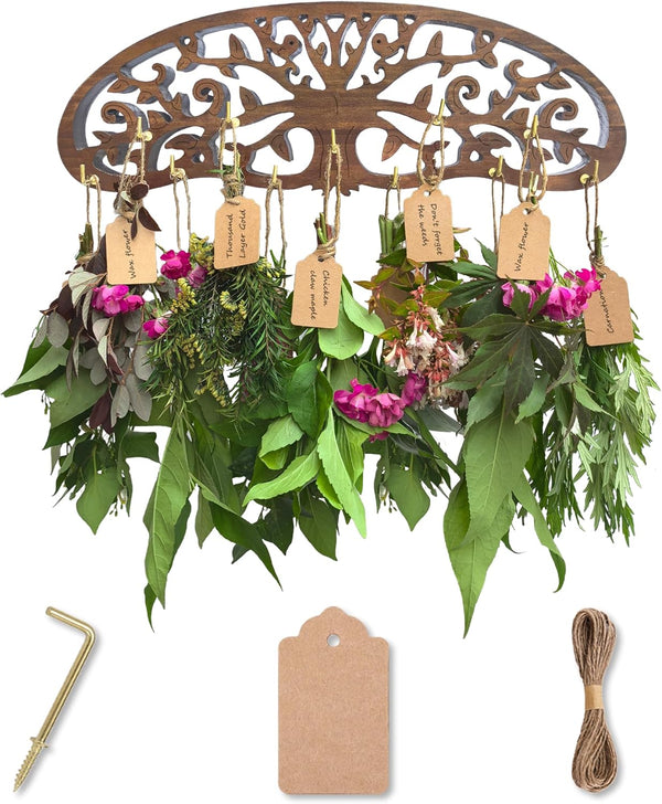 LkNNYY8 Rustic Herb Drying Rack Hanging,Wooden Tree of Life Dried Herb Flowers Rack
