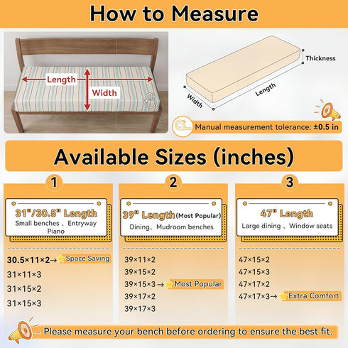 Custom Size Bench Cushion, Non-Slip High Density Foam Bench Seat Cushion for Indoor Furniture, Window Seat, Piano
