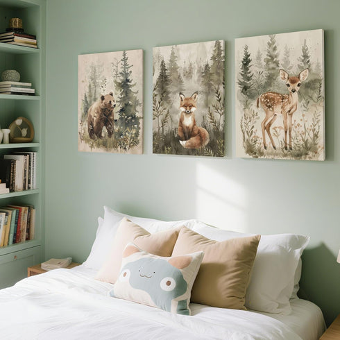 ICHZUMW 12x16in, Set 3 Woodland Animals Nursery Wall Decor, Nursery Wall Art, Watercolor Bear Fox Deer Painting Print