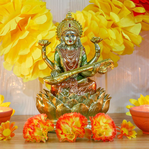 Hindu Goddess Saraswati Idol - 6.5" H Statue for Knowledge, Music, Arts, Indian Diwali Gifts for Home