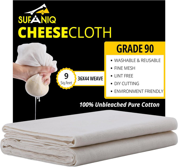 Sufaniq Grade 90 Cheese Cloths, 100% Pure Cotton Reusable Ultra Fine Fabric for Straining, 1 Sq Yard