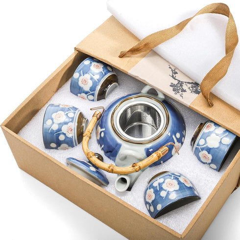 Set, 4 Japanese Tea Ceramic Floral Tea Pot and Pieces Cups with Infuser Bamboo Handle, Traditional Bone China Teapot