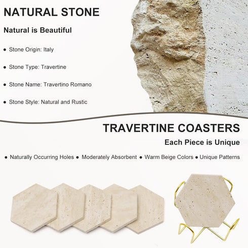 YONGHEE Set 6 Travertine Coasters of with Holder, Hexagonal Rustic Farmhouse Beige Marble Drink Coasters for Coffee