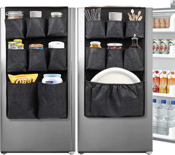 Mini Fridge Caddy Organizer Storage Bag, Over The Fridge Storage with 15 Extra Large Pockets for Daily Stuff (Black)