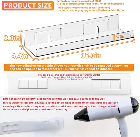 Yieach 4 Pack Acrylic Shelves for Wall Storage,No Drilling Adhesive Shelves,Clear Stick On Bathroom Wall Shelf
