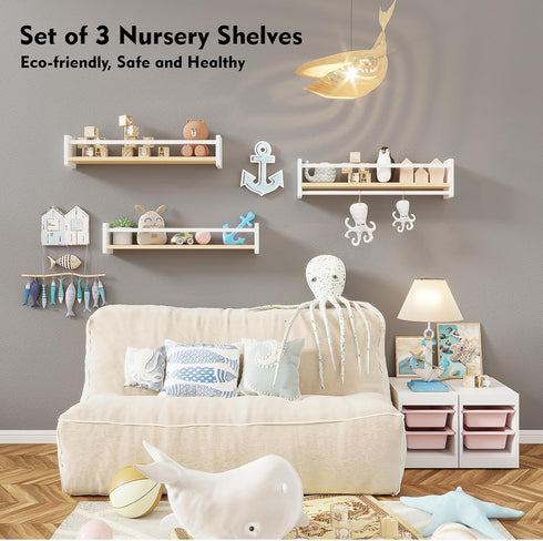 Set 3 15.8 Inches) MXCSE Nursery Floating Bookshelf for Kids, Wall Mounted Kids Book Shelf with Toy Storage, Pine Wood