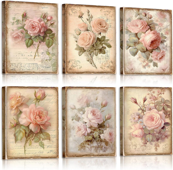 Vercraft 6 Pcs Framed Vintage Flowers Canvas Wall Art, Pink Rose Decor for Home Office Bedroom, 8 x 10 Inch