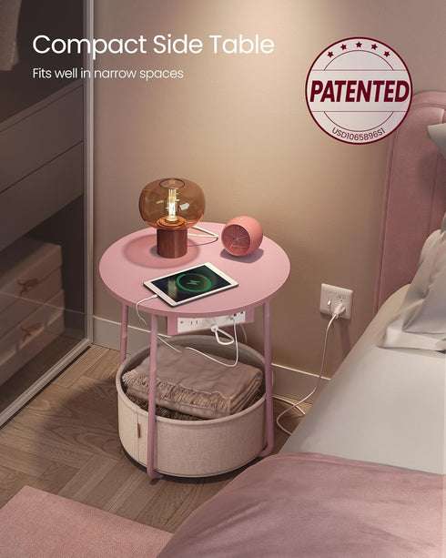 ULET228R01 VASAGLE LILEA Collection - Side Table with Charging Station, Round End Table with Fabric Basket, Nightstand