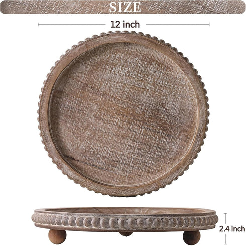 Counter Wooden Coffee Table Tray Decor, Round Decorative Tray Brown Beaded Distressed Rustic Farmhouse Centerpiece