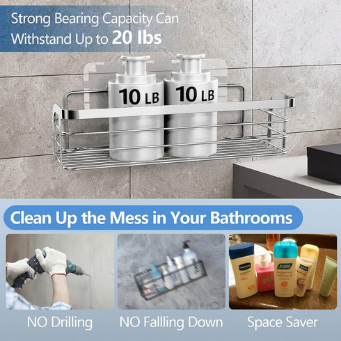Adhesive Shower Caddy 2 Pack, No Drilling Stainless Steel Bathroom Organizer Shelf for Shampoo Holder, Silver