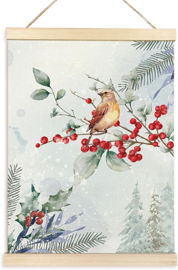 TAEDIN Winter Christmas Poster Hanger Frame, Watercolor Bird Red Berry Branches, 12X16 Wall Decor for Home