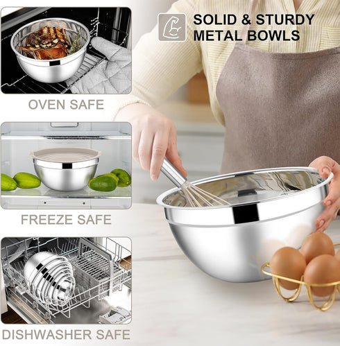 E-far Mixing Bowls with Lids Set, 7-Piece Stainless Steel Mixing Bowls with 3 Grater Attachments for Baking